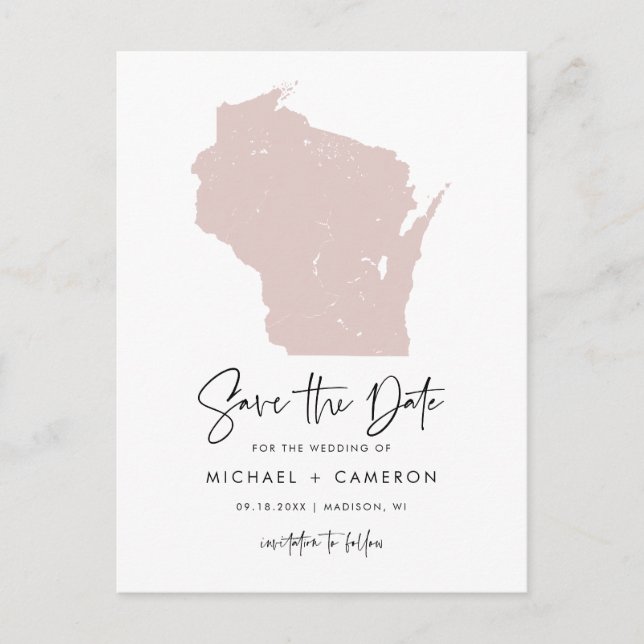 Cartão Postal De Anúncio Blush Pink Map em Wisconsin Modern Salve a Data (Frente)