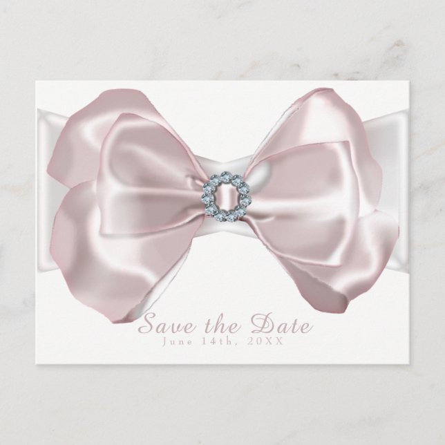 Cartão Postal De Anúncio Blush Pink Ribbon & Diamonds Save the Date Elegant (Frente)