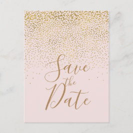 Cartão Postal De Anúncio Blush Rosa e Dourado Confetes Moderno Salve a Data