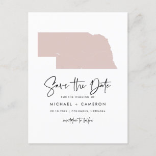 Cartão Postal De Anúncio Blush Rosa Mapa de Nebraska Script Salve a Data