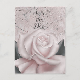 Cartão Postal De Anúncio Blush White Rose Glam Modern Marble Salve a Data