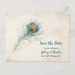 Cartão Postal De Anúncio Boêmio Save the Date de Casamento com Pena de Pavã