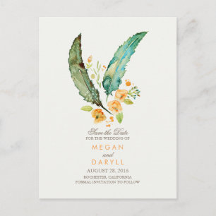 Cartão Postal De Anúncio Bohemian Teal Feather Rustic Salva Data
