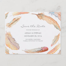 Cartão Postal De Anúncio Boho Aguarela Penas Save the Date