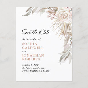 Cartão Postal De Anúncio Boho Blush Pink Rose Elegant Foliage Salvar a Data