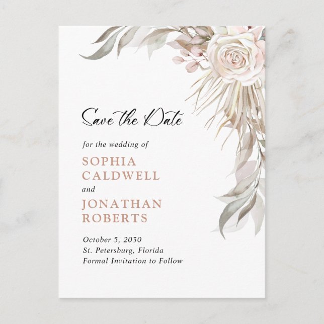 Cartão Postal De Anúncio Boho Blush Pink Rose Elegant Foliage Salvar a Data (Frente)