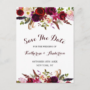 Cartão Postal De Anúncio Boho Burgundy Marsala Floral Casamento Save the Da