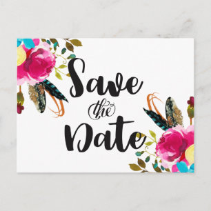 Cartão Postal De Anúncio Boho Chic Floral Watercolor Casamento Salva a Data