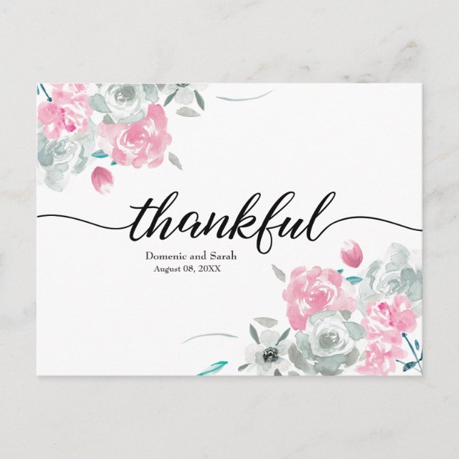 Cartão Postal De Anúncio Boho Chic Rosa Branco floral aquarela casamento (Frente)
