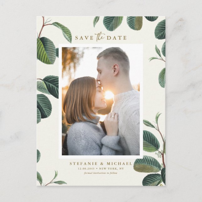 Cartão Postal De Anúncio Boho deixa foto de marfim botânica salvar a data (Frente)