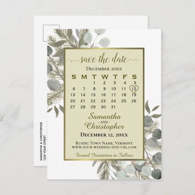 Cartão Postal De Anúncio Boho Eucalyptus & Pine Dourado Salvar o Calendário (Frente/Verso)