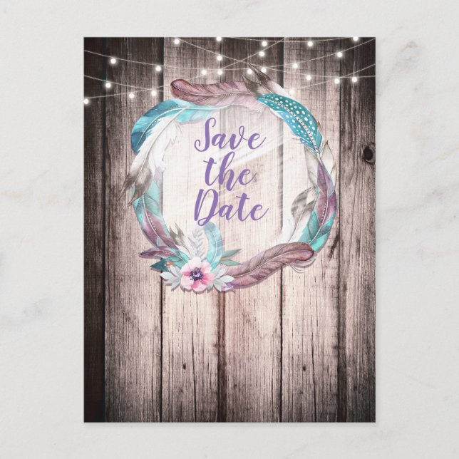 Cartão Postal De Anúncio Boho Feather Wreath & String Lights Salve a Data (Frente)