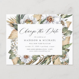 Cartão Postal De Anúncio Boho Floral Branco e Folhagens Mudar a Data