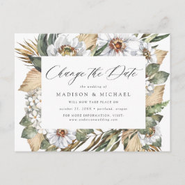 Cartão Postal De Anúncio Boho Floral Branco e Folhagens Mudar a Data