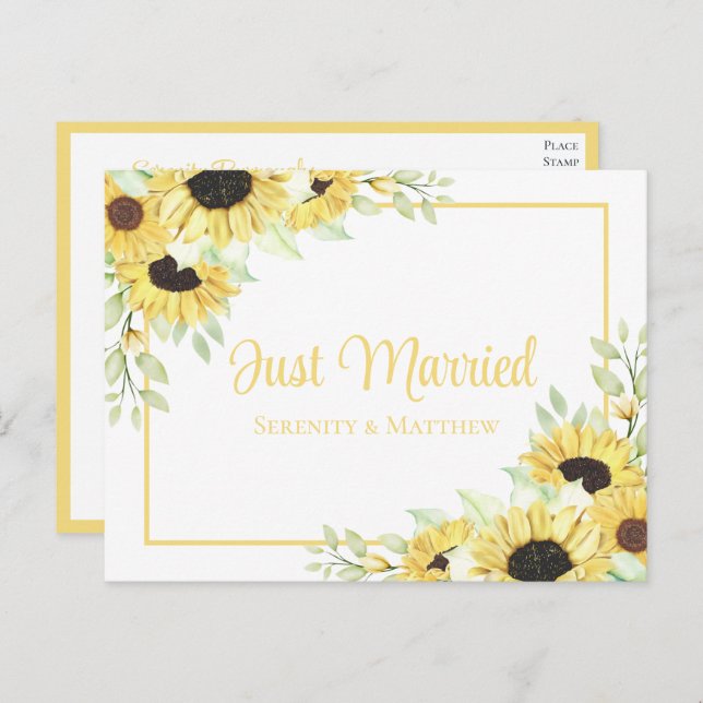 Cartão Postal De Anúncio Boho Floral Yellow Sunflower Recem casados Weding (Frente/Verso)