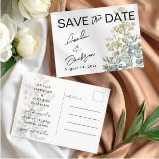 Cartão Postal De Anúncio Boho Green & beige Botanical Save the Date