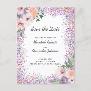 Cartão Postal De Anúncio Boho Lilás Rosa Floral Lantejoulas Save the Date A