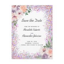 Boho Lilás Rosa Floral Lantejoulas Save the Date A
