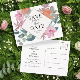 Cartão Postal De Anúncio Boho Rosa & Verde Floral de Aquarela Salve o Dia