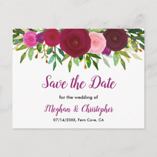 Cartão Postal De Anúncio Boho Roxo Brilhante Floral Save the Date Aquarela