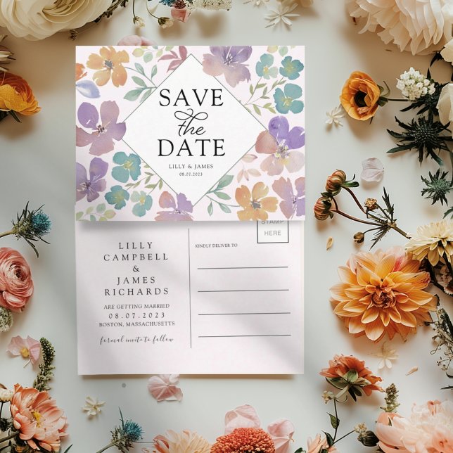 Cartão Postal De Anúncio Boho Rubor & Flores Silvestres Roxas Salva a Data (Criador carregado)