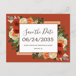 Cartão Postal De Anúncio Boho Terracotta Rust Casamento Floral Salvar Data