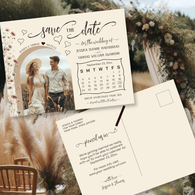 Cartão Postal De Anúncio Boho Wildflowers Calendar & Photo Save the Date (Front/Back)