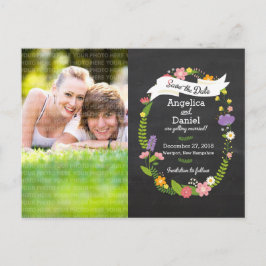 Cartão Postal De Anúncio Boho Wreath em Foto de Quadro-negro Save the Date