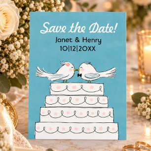 Cartão Postal De Anúncio Bolo de Casamento Beijo de Pombinhos Save the Date