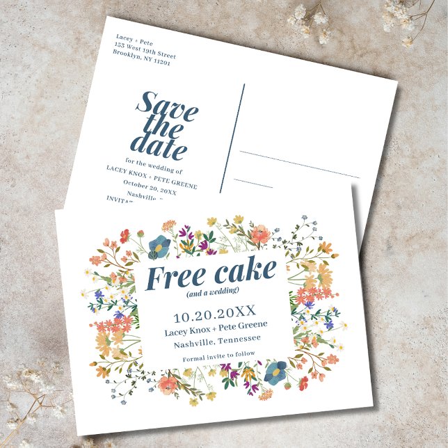 Cartão Postal De Anúncio Bolo Livre Engraçado Flores Selvagens Casamento Sa (Funny Free Cake Wildflowers Wedding Save the Date)