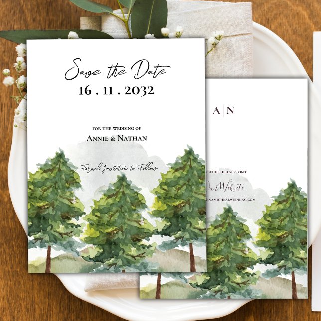 Cartão Postal De Anúncio Bonito Árvores de Aquarela Paisagem Monograma Casa (Pretty Watercolor Trees Landscape Monogram Wedding Save the Date Announcement Postcard)