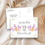 Cartão Postal De Anúncio Borboleta Céu Coral Confetti Dourado Salvar Data<br><div class="desc">Borboleta bonito salve o cartão de data com mensagem personalizada no verso para que você possa personalizar para qualquer ocasião. O design tem borboletas bonito de aquarela em creme cor-de-coral rosa e ouro com elegante tipografia manuscrita e confete dourado. Por favor, procure na minha loja convites, rsvp e acessórios de...</div>