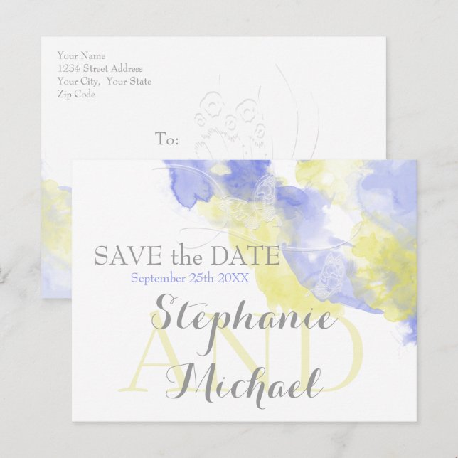 Cartão Postal De Anúncio Borboleta de Aquarela Periwinkle Lemon SavetheDate (Frente/Verso)