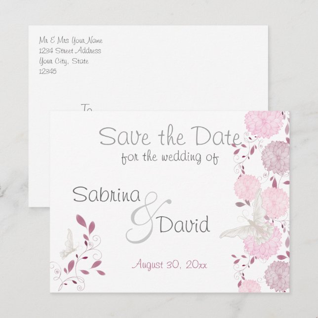 Cartão Postal De Anúncio Borboletas e cristão rosa salvam a data (Frente/Verso)