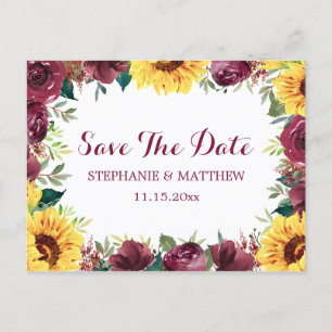 Cartão Postal De Anúncio Borda da Rosa de Sunflower Burgundy Salvar Data