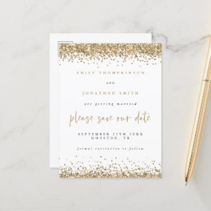 Cartão Postal De Anúncio Bordas de Brilho Dourado Script Casamento Salve A