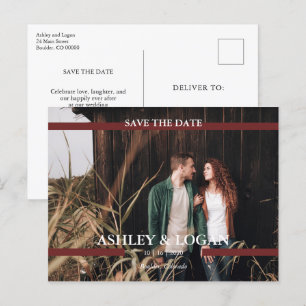 Cartão Postal De Anúncio Borgonha Casamento Minimalista Moderno Salve a Dat