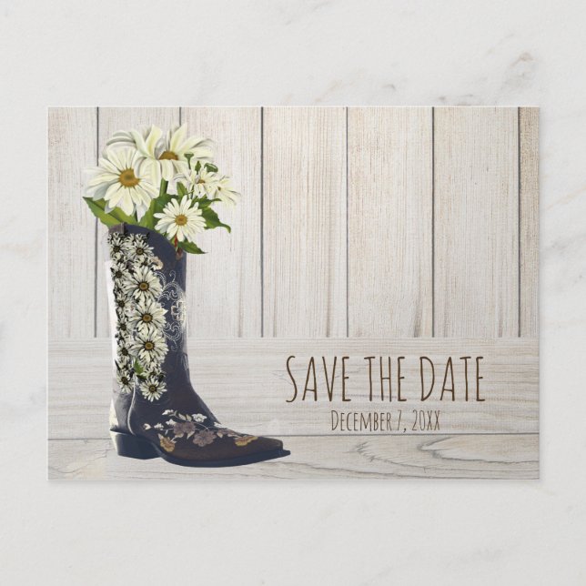 Cartão Postal De Anúncio Bota Rústica Country com Margaridas Save The Date (Frente)