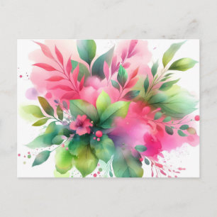 Cartão Postal De Anúncio Botânico Floral Aquarela Rosa Verde