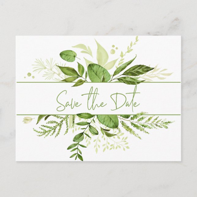 Cartão Postal De Anúncio Botânicos de Wildwood Rustic Greenery Salve a Data (Frente)