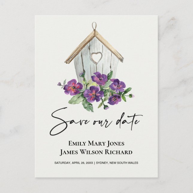 CARTÃO POSTAL DE ANÚNCIO BRANCO BOHO FLORAL RUSTIC BIRDHOUSE SALVAR DATA (Frente)