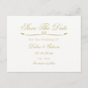 Cartão Postal De Anúncio Branco Elegante e Monograma Dourado Salvar a Data