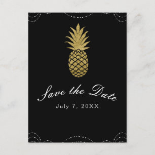 Cartão Postal De Anúncio Brilho Preto Dourado Abacaxi Glam Salve a Data