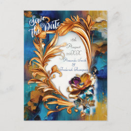 Cartão Postal De Anúncio Bronze de abstrato, cor azul-ouro, estilo barroco