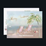 Cartão Postal De Anúncio Budget Beach Flamingo Wreath Natal Único<br><div class="desc">Feliz Natal nesta adorável praia Watercolor — uma cena pacífica e gentil com duas cadeiras de praia — um flamingo amigável com uma bela coroa — Palmeira com alguns ornamentos. Também disponível em diferentes pesos de papel — sua seleção.</div>