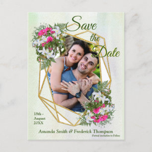 Cartão Postal De Anúncio Buquê de Flor Geométrico GoldGlitter Guarde a Data