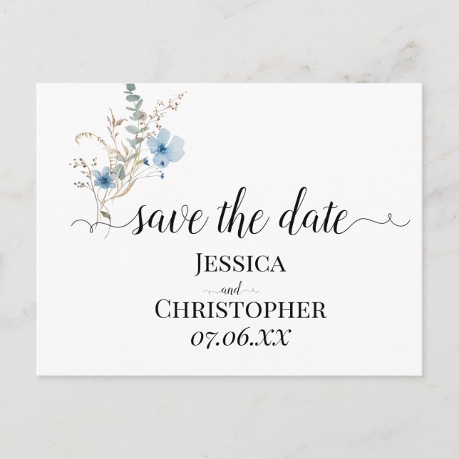 Cartão Postal De Anúncio buquê de flores aquarela azul empoeirado rústico (Frente)