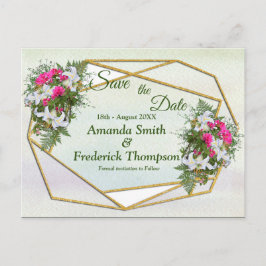 Cartão Postal De Anúncio Buquê de Flores Geométricas em Dourado Save the Da