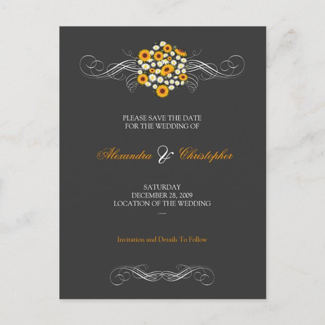 Cartão Postal De Anúncio Buquê de Girassóis e Margaridas Elegantes Salvar a (Frente)