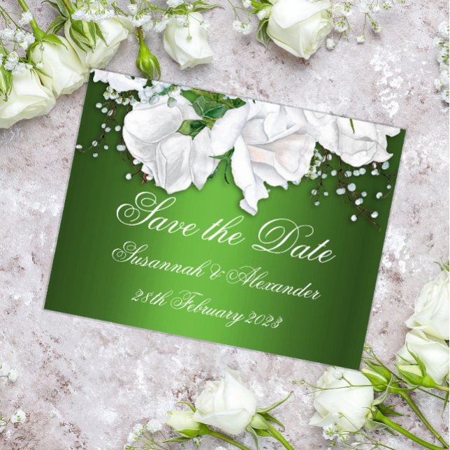 Cartão Postal De Anúncio Buquê de Rosas Brancas e Casamento Verde Metálico  (Criador carregado)